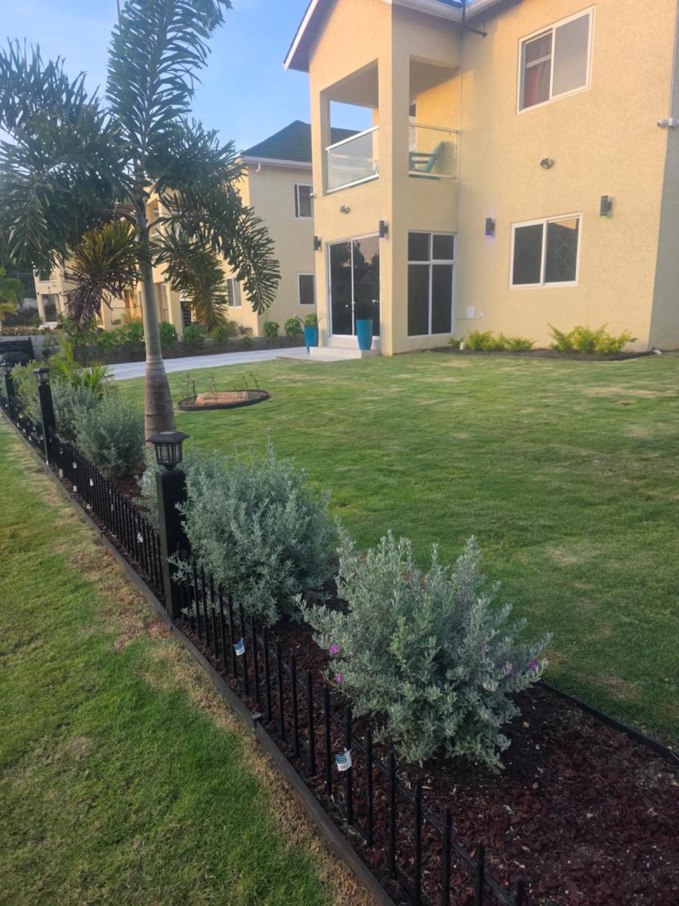 Jade @ Lancewood: the yellow building behind a hedge and lawn, with a palm beside it