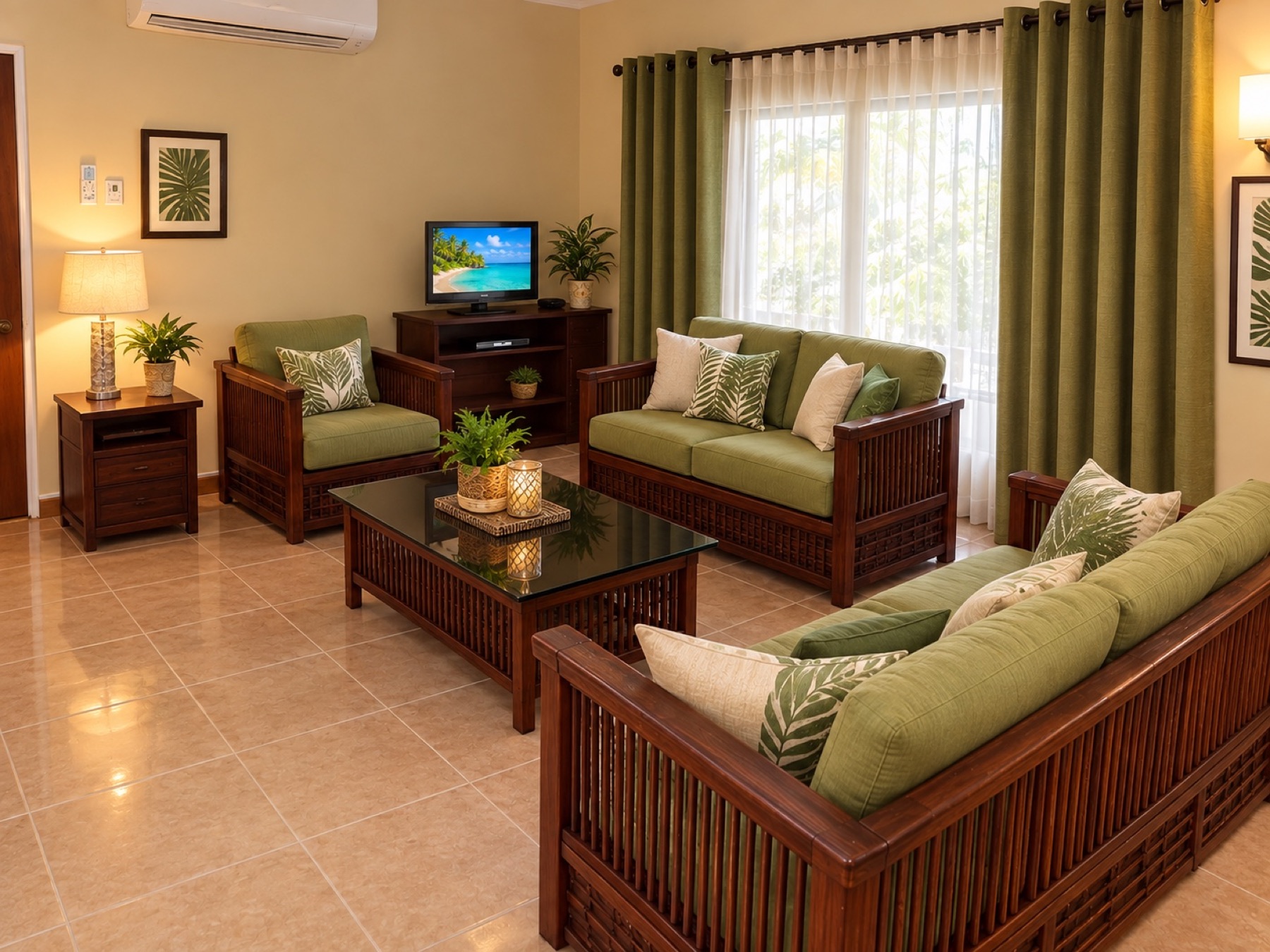 The living room with rattan sofas, green cushions and a garden view